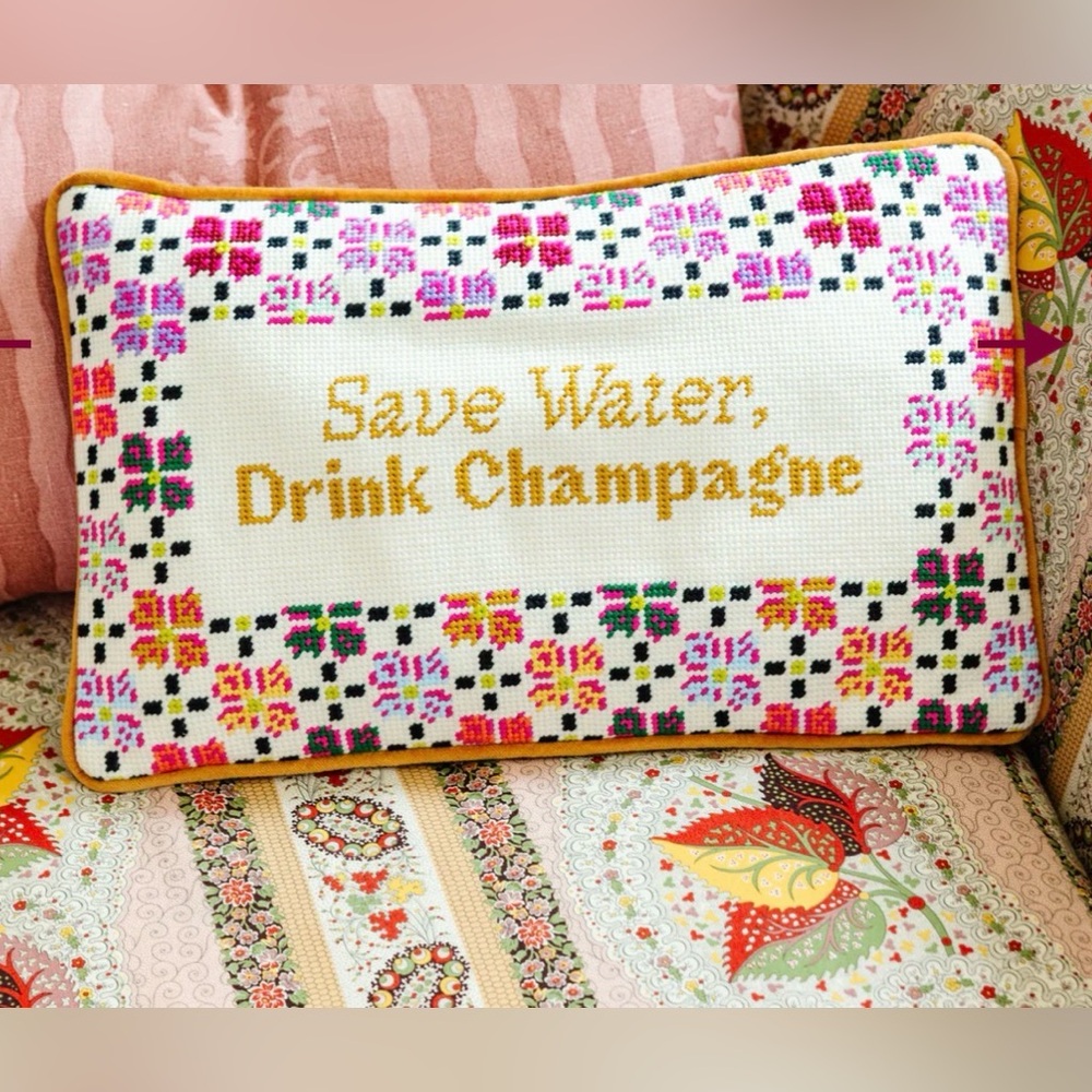 NEW Anthropologie x Furbish Studio- 'Drink Champagne' Needlepoint Pillow, 9x15”